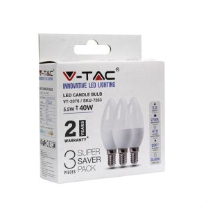 Lampadina LED E14 5,5W Candela 2700K (Box 3 Pezzi) Bianco caldo